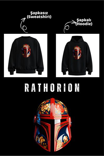 rathorion 3 Thread Flower Helmet Black Unisex Oversize Sweatshirt