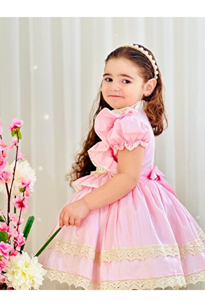 Linarookids Pembe Krem Vintage Kız Bebek Elbisesi,Doğum günü,fotoğraf çekim elbise,0-13 Yaş Uygun