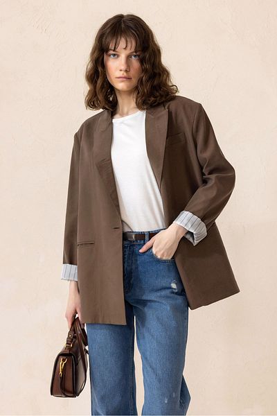 Olcay Striped Lined Modal Sports Jacket - Brown 8258