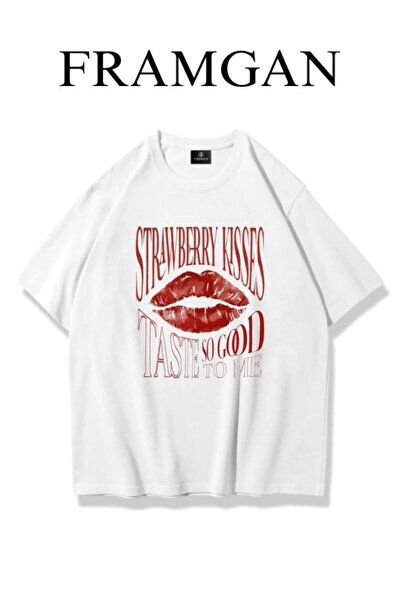 Framgan Kadın Strawberry Kisses Baskılı Beyaz T-Shirt