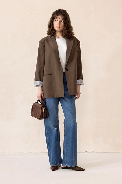 Olcay Striped Lined Modal Sports Jacket - Brown 8258