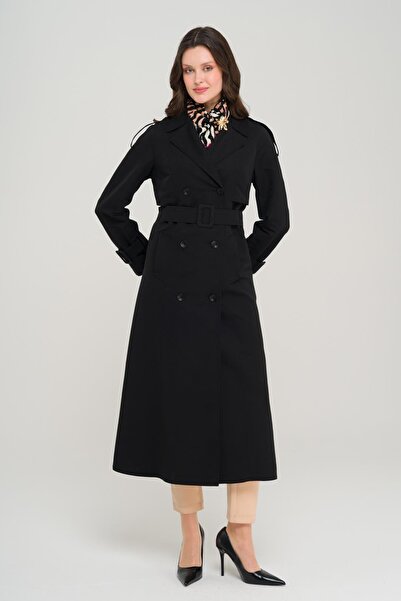 Olcay Dlouhý trenčkot bez podšívky s raglánovými nárameníky a detailem pláště ČERNÁ 6701