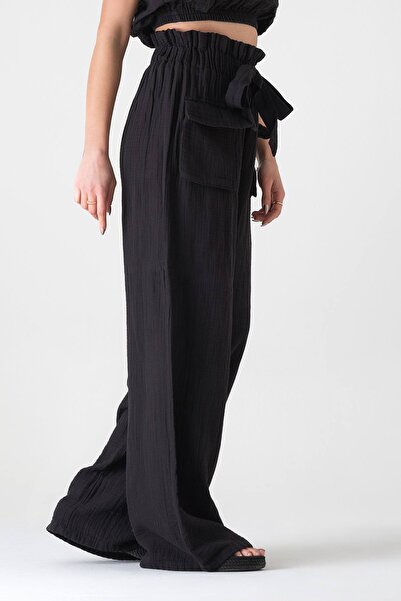 Fashion Showcase Muslin Fabric 100% Cotton High Waist Front Cargo Pocket Trousers - Black