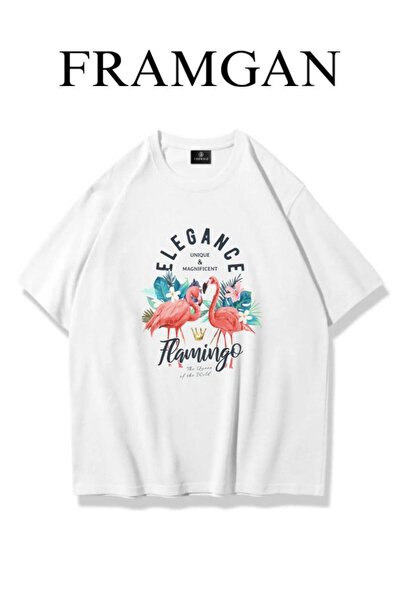 Framgan تيشيرت أبيض فضفاض مطبوع طائر الفلامنجو للنساء
