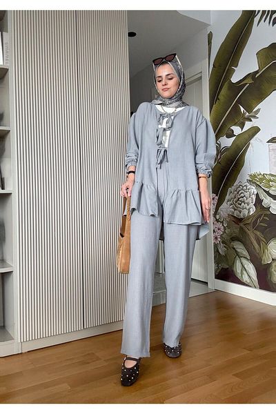 Aselim Hijap Moda Linen Cotton Frilly Kimona Set, Light Gray