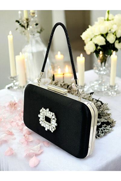 MidStore Black Color Satin Stone Handle Women's Evening Dress Bag