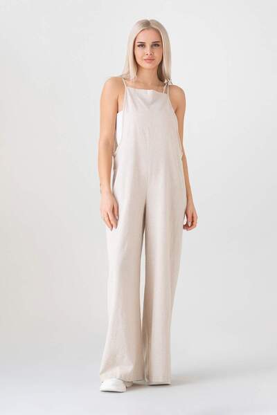 Fashion Showcase Beige Detailed Linen Salopet Casual Pocket