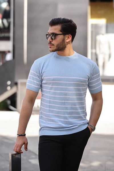 VİP LOKAL Μωβ Ριγέ Βασικό Πλέγμα T-shirt