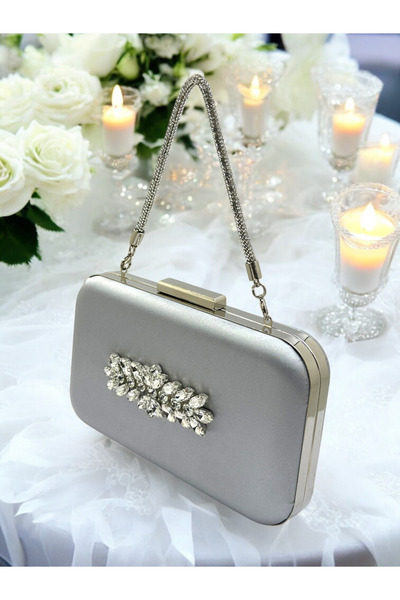 MidStore Silver Gray Lame Color Satin Stone Handle Women's Evening Dress Bag