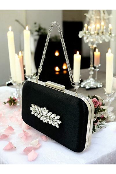 MidStore Black Color Satin Stone Handle Women's Evening Dress Bag