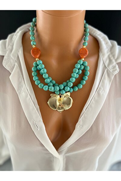 Limi Design Lotus Çiçeği Kolye Turkuaz Boncuk Kolye Anneler Günü Kolye