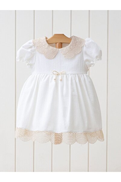 Baby Bebe Yaka Kısa Kollu Dantel Detaylı Kız Bebek Elbise
