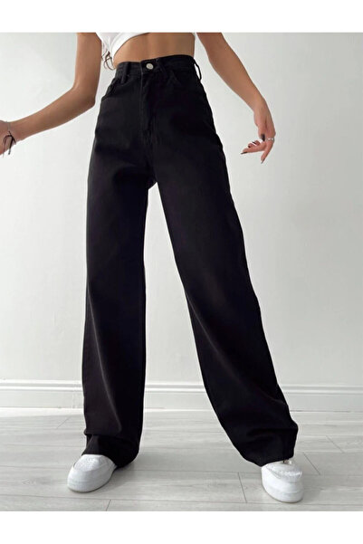 Çiğdemce Giy Women's Anthracite Denim Palazzo Pants – High Waist, Wide Leg, C...