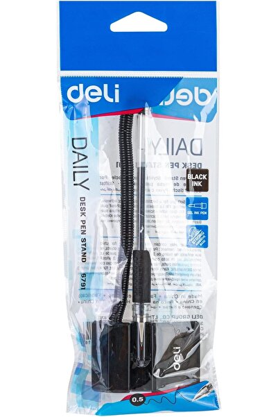 Deli برميل قلم مكتب مع حامل وسلسلة آمنة، مقاس رأس 0.5 مم، أسود