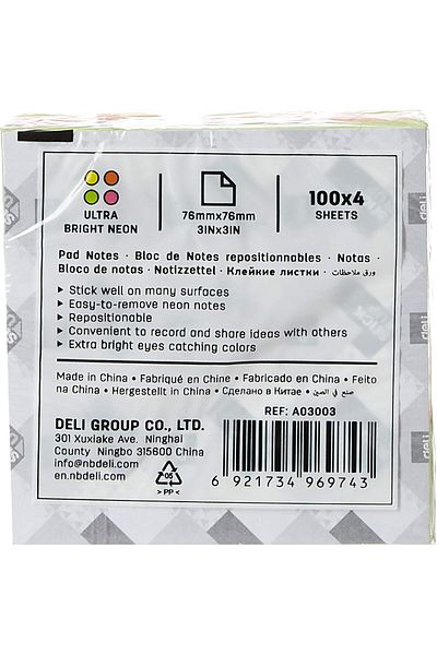 Deli A030 Bright Neon Sticky Notes Pad, Multicolor, 1 Pad (4 colors X 100)