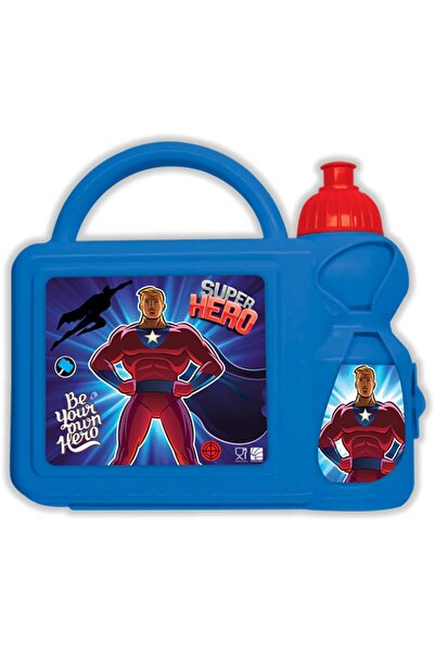 Generic صندوق غداء بلاستيكي وزجاجة مياه للأطفال من سوبر هيرو، أزرق