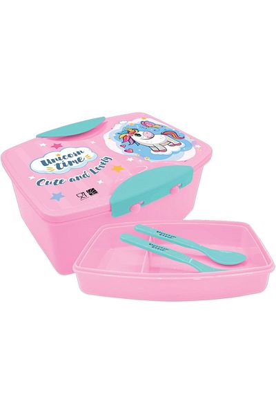 Generic Unicorn Kids Plastic Lunch Box with Fork and Spoon, Pink
