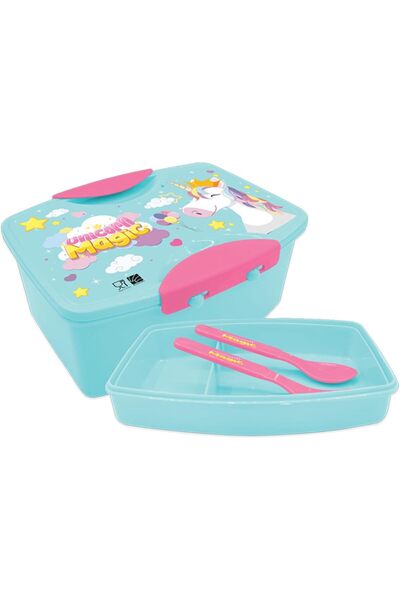 Generic Unicorn Kids Plastic Lunch Box with Fork and Spoon, Blue