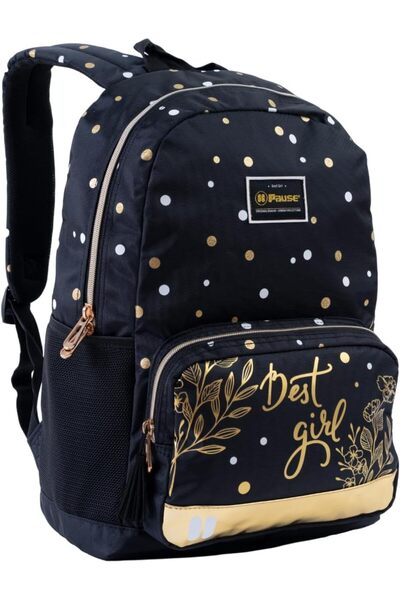 Pause Stylish Students Backpack, 17 Inch Size, Gold/Black
