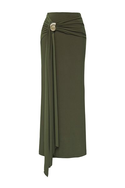 Trendyol Collection Khakifarbener, figurbetonter, detaillierter, gestrickter langer Rock in limitierter Auflage TPRSS25ET00004
