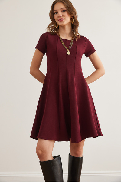 Olalook Kadın Bordo Parçalı Trend Mini Kloş Elbise ELB-19002348