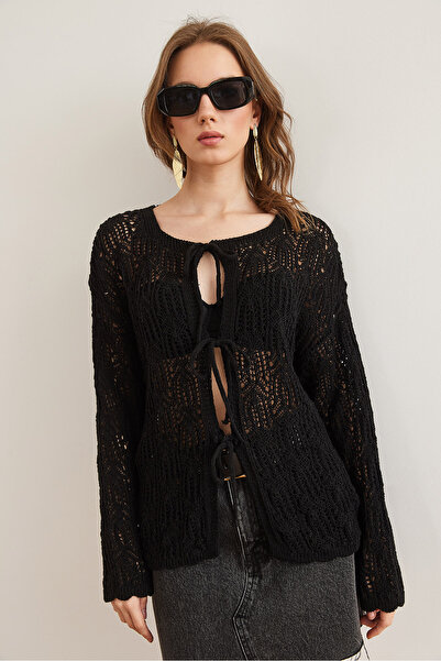 Olalook Women's Black Openwork Bow Lace Detailed Openwork Cotton Cardigan Hrk- 19000346