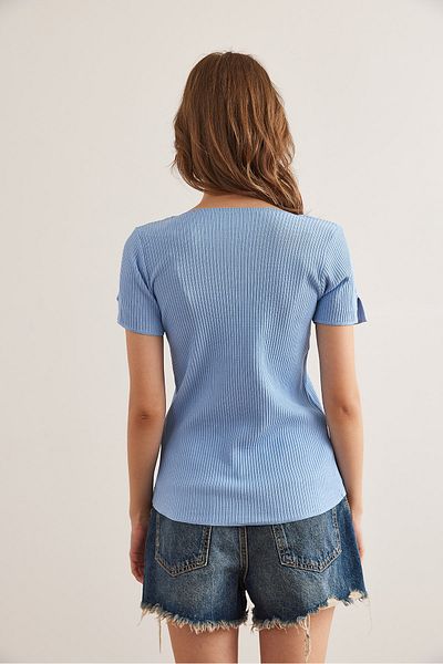 Olalook Γυναικείο Baby Blue γιακά και μανίκια Λεπτομερής πλεκτή μπλούζα BLZ- 19002884