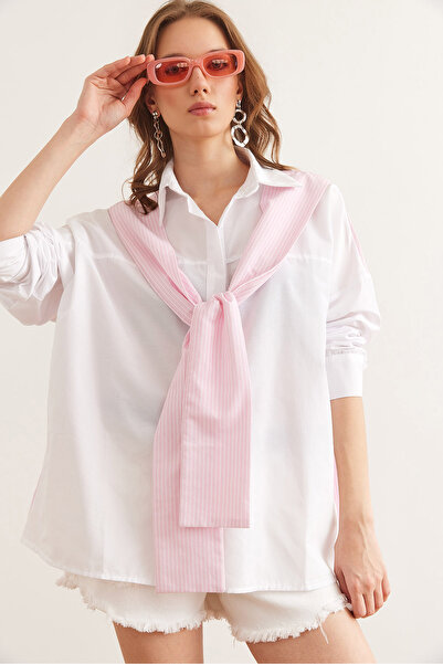 Olalook Kadın Pembe Atkı Detaylı Boyfriend Dokuma Gömlek GML-19001301