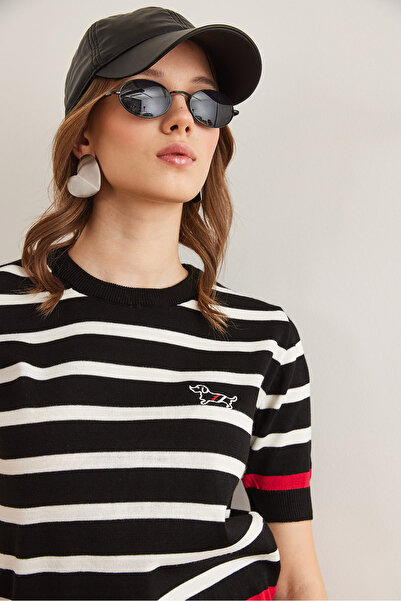 Olalook Tricot și bluză cu dungi brodate pentru câine negru pentru femei