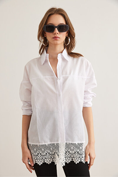 Olalook Cămașă Boyfriend cu dantelă albă pentru femei GML- 19001298