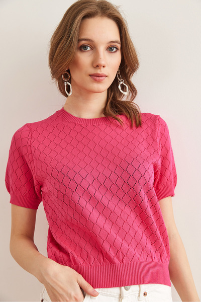 Olalook Γυναικεία φούξια διαμάντι με διάτρητη κοντομάνικη πλεκτή μπλούζα BLZ- 19002883