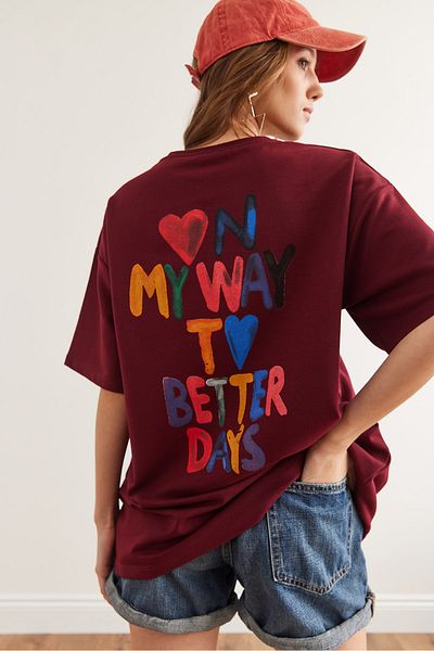 Olalook Tricou unisex oversize pentru femei, burgundă, cu inimă, față, spate, imprimat cu 2 fire TSH- 19000696
