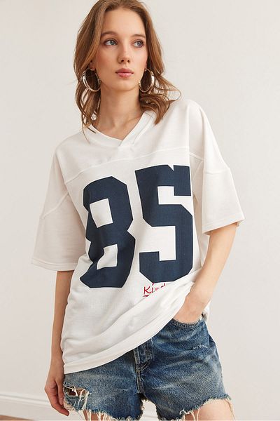 Olalook Tricou alb 85 cu decolteu în V Boyfriend cu 2 fire pentru femei TSH- 19000847