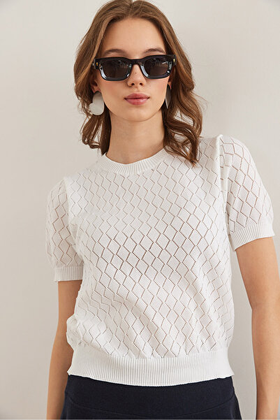 Olalook Women's White Diamond Patterned Openwork Short Sleeve Knitwear Blouse Blz- 19002883