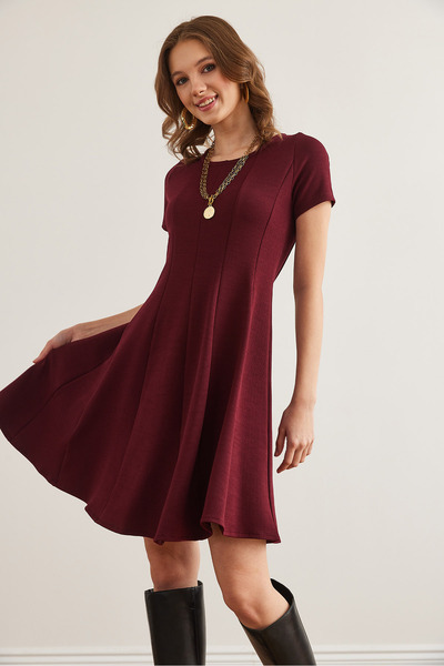 Olalook Kadın Bordo Parçalı Trend Mini Kloş Elbise ELB-19002348