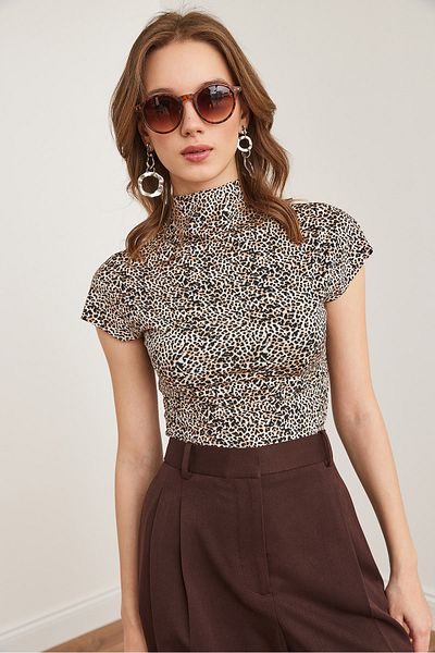Olalook Γυναικεία Leopard Stone Stand-up γιακά Νυχτερίδα Crop Micro Μπλούζα BLZ- 19002873