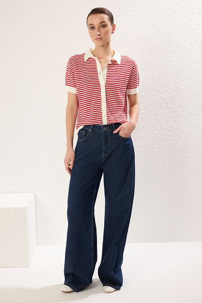 Trendyol Collection Piros póló nyakú csíkos blúz TWOSS25BZ00183