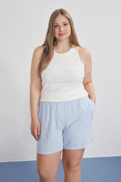 Trendyol Curve Blue Striped Top Knitted Bottom Woven Tank & Shorts Pajamas Set Tbbss25Ai00119