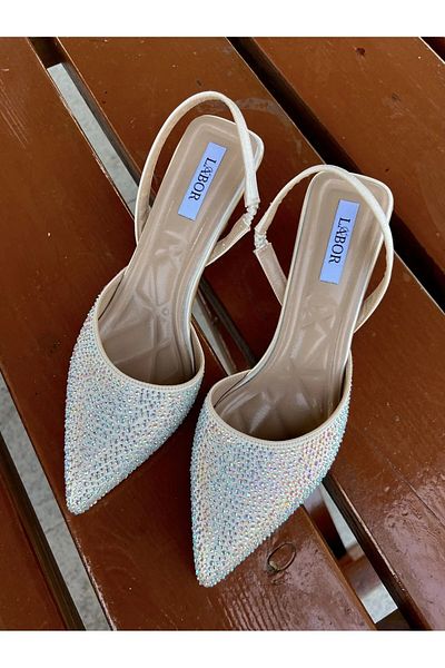 labor collection Stiletto cu vârf ascuțit cu pietre, cu spate deschis, înălțime toc de 7 cm