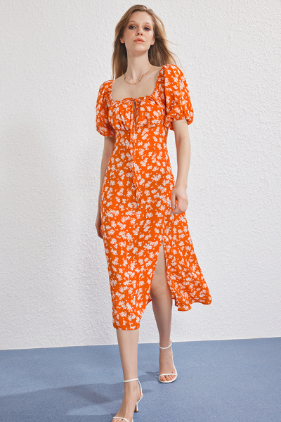 Trendyol Collection Orange Floral Midi Woven Dress Twoss25El00763