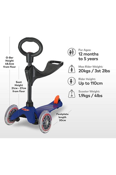 Micro Mini Scooter 3-in1 - Blue | Scooter for Kids | Kids Scooter | Scooter with LED Wheels | Scoote