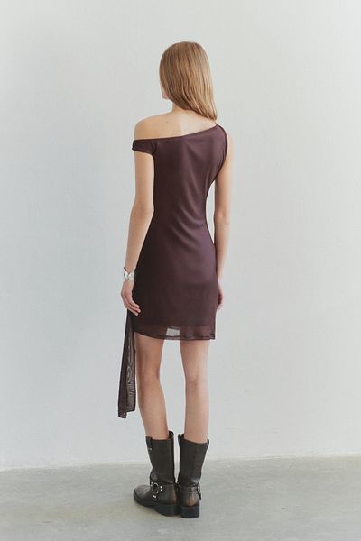 Trendyol Collection Μίνι πλεκτό κορμάκι φόρεμα ασύμμετρης κοπής καφέ - TWOSS25EL00464