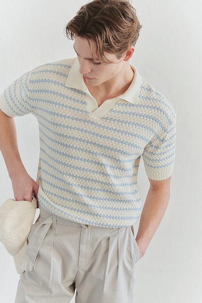 Trendyol Collection Ecru Regular Striped Textured Knitwear Polo Neck T-Shirt TMNSS25PO00007