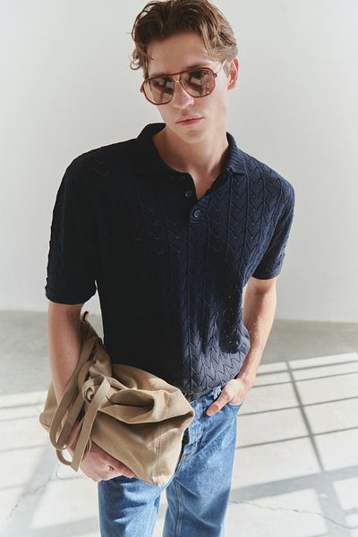 Kolekcia Trendyol Námornícke modré tričko Polo Neck s prelamovaným úpletom - TMNSS25PO00026