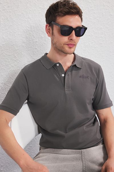 Trendyol Collection Geräuchertes, reguläres, besticktes T-Shirt mit Polokragen TMNSS25PO00046