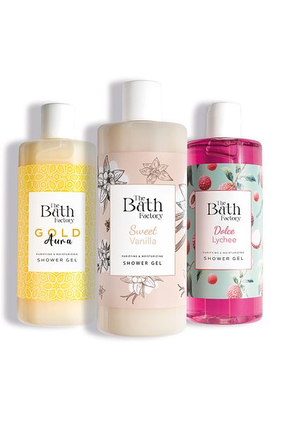 THE BATH FACTORY Shower Gel Set (Lychee - Vanilla - Gold Aura) 3 X 400 ml