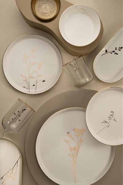 Kütahya Porselen Bone V-Form 26 Parça Yemek Takımı Angelica Altın