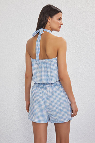 Trendyol Collection Blue Plaid Beach Blouse and Shorts Set Tbess25Au00074