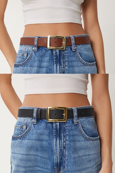 Happiness İstanbul Schwarzbrauner 2er-Pack Kunstledergürtel mit goldener Schnalle für Damen ZW00001