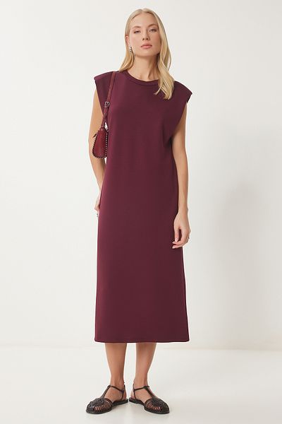 Happiness İstanbul Burgunderrotes, wattiertes Basic-Sommer-Modalkleid für Damen EJ00002